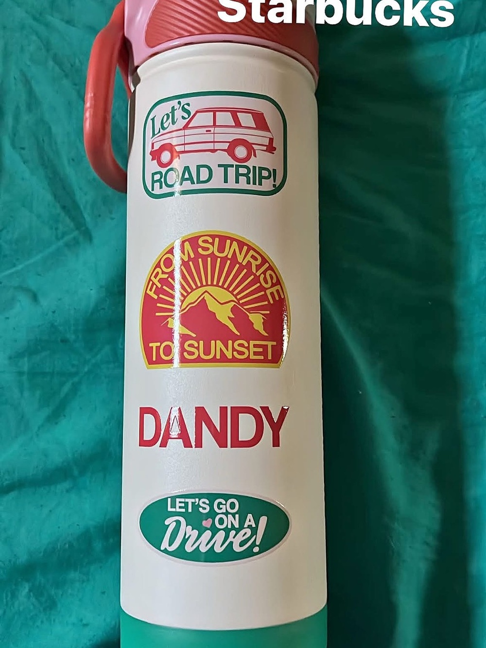 Starbucks White Travel Bottle with Pink Handle and Teal Accents